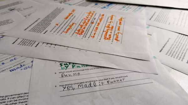 Completed survey forms spread across a table.